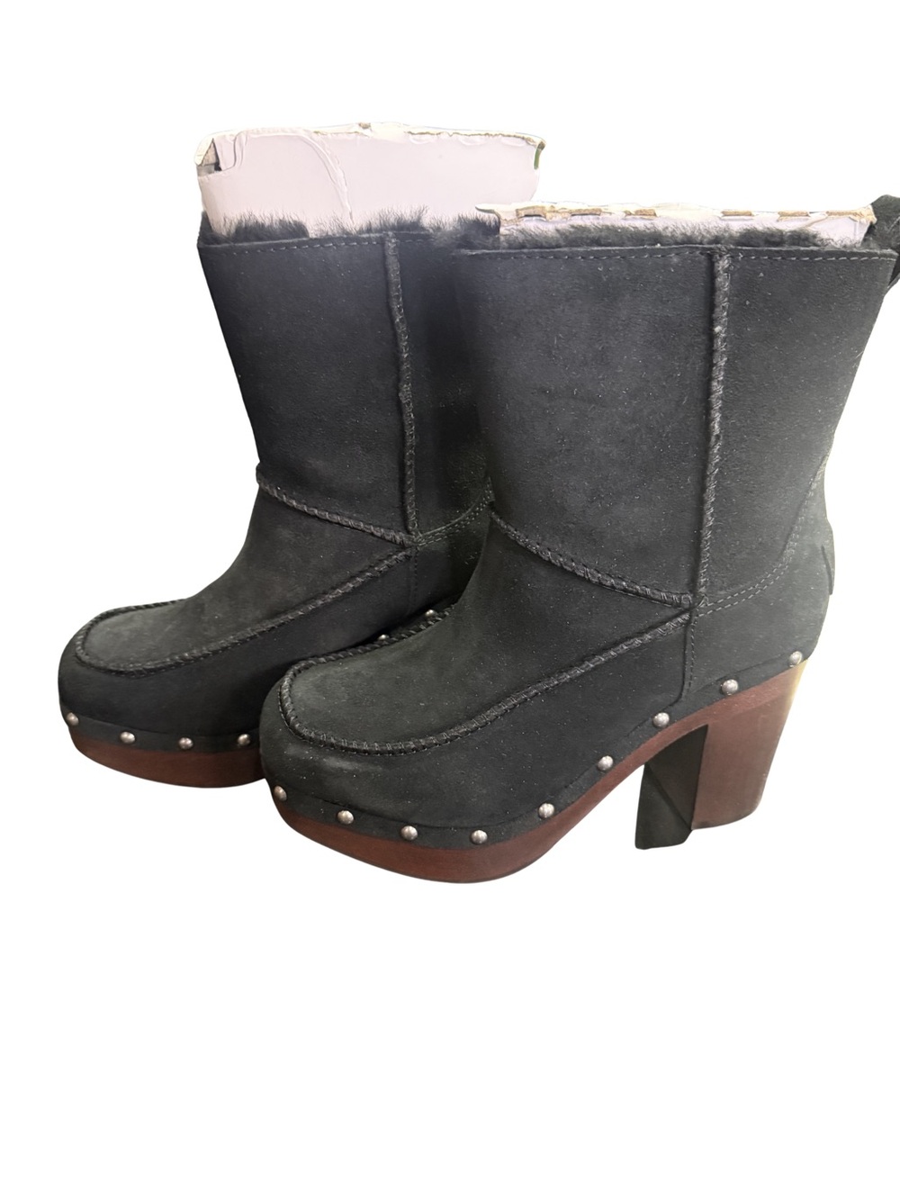 UGG Black Suede Studded Platform Heeled Boots